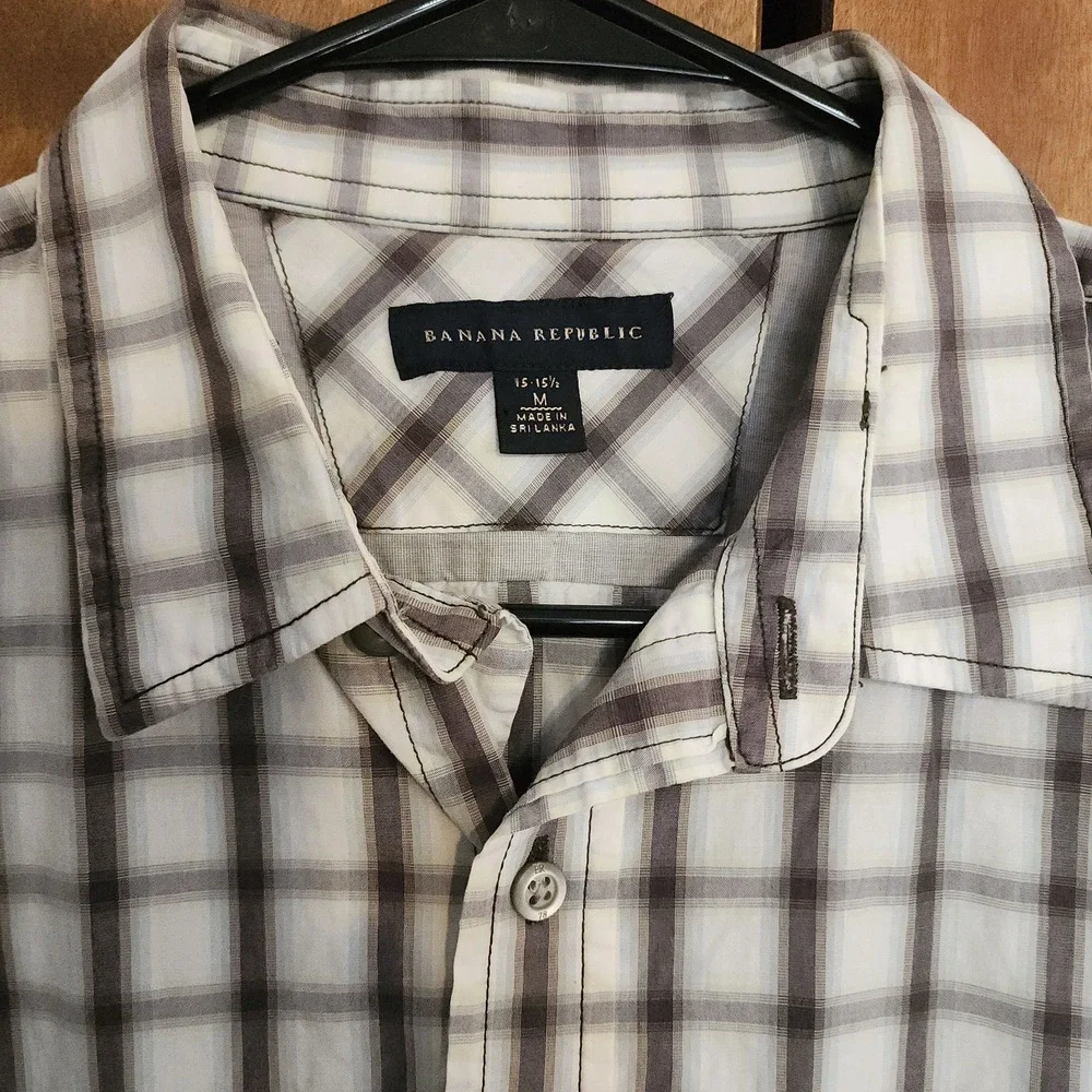 60.Banana Republic Mens Medium Plaid Button Down Shirt White Brown Long Sleeve M